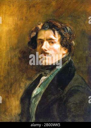 France : 'Portrait de self dans une veste verte'. Peinture à l'encre sur toile par Eugène Delacroix (1798 – 1863), ch. 1837. Ferdinand Victor Eugène Delacroix (26 avril 1798 – 13 août 1863) est un artiste romantique français considéré dès le début de sa carrière comme le chef de l'école romantique française. L'utilisation de coups de pinceau expressifs par Delacroix et son étude des effets optiques de la couleur ont profondément façonné l'œuvre des impressionnistes, tandis que sa passion pour l'exotique a inspiré les artistes du mouvement Symboliste. Banque D'Images