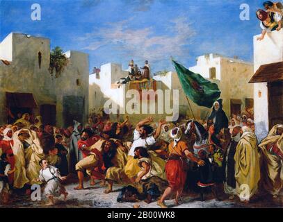 Maroc: 'Les fanatiques de Tanger'. Peinture à l'huile sur toile par Eugene Delacroix (1798-1863), 1838. Ferdinand Victor Eugène Delacroix (26 avril 1798 - 13 août 1863) est le maître reconnu de l'école romantique française. En 1832, il se rend en Afrique du Nord avec l'ambassadeur de France, le comte de Mornay, qui négociera un traité d'amitié avec le sultan marocain. Un jour à Tanger, les deux se sont cachés dans un grenier et à travers les fissures d'une fenêtre à volets ont été témoins de la frénésie des Aïssaouas, 'une secte musulmane fanatique'. L'Aissawa est une fraternité religieuse et mystique. Banque D'Images