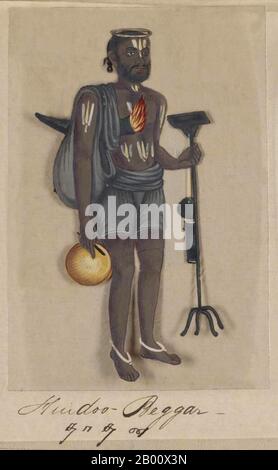 Inde: 'Hindoo/Hindu Beggar'. Image peinte à la main sur une fine feuille de mica d’un manuscrit intitulé «soixante-dix-deux spécimens de caste en Inde» (Madura, sud de l’Inde, 1837). Le livre complet se compose de 72 images en couleur peintes à la main d'hommes et de femmes des diverses castes et groupes religieux et ethniques de Madura, Tamil Nadu, à l'époque. Le manuscrit montre l'ornement indien de robe et de bijoux dans la région de Madura comme ils sont apparus avant l'apparition des influences occidentales sur la robe et le style sud-asiatique. Chaque portrait illustré est sous-titré en anglais et en tamoul. Banque D'Images