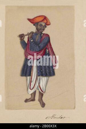 Inde: 'Hindoo/Hindu flûtiste'. Image peinte à la main sur une fine feuille de mica d’un manuscrit intitulé «soixante-dix-deux spécimens de caste en Inde» (Madura, sud de l’Inde, 1837). Le livre complet se compose de 72 images en couleur peintes à la main d'hommes et de femmes des diverses castes et groupes religieux et ethniques de Madura, Tamil Nadu, à l'époque. Le manuscrit montre l'ornement indien de robe et de bijoux dans la région de Madura comme ils sont apparus avant l'apparition des influences occidentales sur la robe et le style sud-asiatique. Chaque portrait illustré est sous-titré en anglais et en tamoul. Banque D'Images