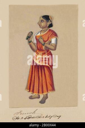 Inde: 'Une femme indienne'. Image peinte à la main sur une fine feuille de mica d’un manuscrit intitulé «soixante-dix-deux spécimens de caste en Inde» (Madura, sud de l’Inde, 1837). Le livre complet se compose de 72 images en couleur peintes à la main d'hommes et de femmes des diverses castes et groupes religieux et ethniques de Madura, Tamil Nadu, à l'époque. Le manuscrit montre l'ornement indien de robe et de bijoux dans la région de Madura comme ils sont apparus avant l'apparition des influences occidentales sur la robe et le style sud-asiatique. Chaque portrait illustré est sous-titré en anglais et en tamoul. Banque D'Images