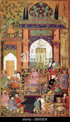 Inde: Le premier grand empereur moghol, Babur, reçoit un courtier dans cette illustration de Farrukh Beg (1545-1615) d'une copie de 1589 de son autobiographie, Barburnama. Zahir ud-din Muhammad Babur (1483—1530-1) est un conquérant musulman d'Asie centrale qui a réussi à jeter les bases de la dynastie moghole de l'Inde. Il était un descendant direct de Timur (Tamerlane) et de Gengis Khan. Babur a identifié sa lignée comme étant Timurid et Chaghatay-Turkic, tandis que son origine, son milieu, sa formation et sa culture étaient imprégnés de la culture perse. Banque D'Images