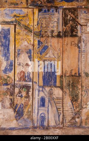 Thaïlande: Peinture murale du début du XIXe siècle sur un panneau en bois dans le principal Viharn Luang, Wat Phra That Lampang Luang, dans le nord de la Thaïlande. Wat Phra que Lampang Luang a été construit au XVe siècle et est un temple en bois de style Lanna trouvé dans le district de Ko Kha de la province de Lampang. Les peintures murales que l'on trouve dans le viharn principal représentent une variété d'événements, y compris des batailles, la vie des palais et d'autres événements quotidiens. Banque D'Images