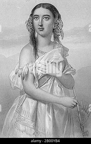 Etats-Unis: Pocahontas (c. 1595-1617), fille de Wahunsunacawh, chef de la tribu Powhatan, Virginie. Gravure par B. Eyles de 'World noté Women', par Mary Cowden Clarke (1809-1898), 1883. Pocahontas (c. 1595 – 21 mars 1617), plus tard connue sous le nom de Rebecca Rolfe, était une fille du chef indien de Virginie, réputée pour avoir aidé les colons à Jamestown. Elle s'est convertie au christianisme et a épousé le colon anglais John Rolfe. Après avoir voyagé à Londres, elle est devenue célèbre dans la dernière année de sa vie. Elle était une fille de Wahunsunacawh, mieux connue sous le nom de chef ou empereur Powhatan. Banque D'Images