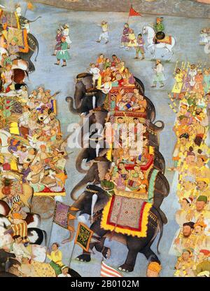 Inde: Une cérémonie extravagante impliquant des musiciens, des éléphants, des invités à cheval et des serviteurs portant des plateaux de cadeaux à la maison de la mariée du prince Dara Shikoh, l'héritier apparent du trône de Mughal. Peinture par Bishandas (fl. 17e siècle), c. 1656-1657. Le prince Dara Shikoh (1615—59) était le fils aîné et l'héritier apparent de l'empereur moghol Shah Jahan et de sa femme Mumtaz Mahal. Son nom en persan signifie «darius le magnifique» et il a été favorisé comme successeur par son père et sa sœur Jahanara Begum, mais a été battu par son frère cadet Aurangzeb dans une lutte amère. Banque D'Images