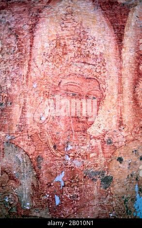 Sri Lanka : détail d'une fresque dans la maison d'image de Tivanka, Polonnaruwa. Polonnaruwa, le deuxième plus ancien des royaumes du Sri Lanka, a été déclaré la capitale par le roi Vijayabahu I, qui a vaincu les envahisseurs de Chola en 1070 ce pour réunifier le pays sous un chef national. Banque D'Images