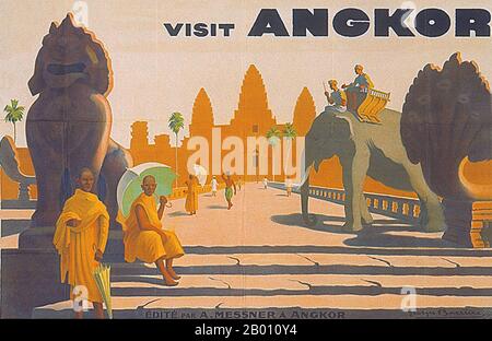 Cambodge: 'Visitez Angkor', une affiche touristique des années 1930 de Georges Barriere (1881-1944). Georges Barrière (28 mars 1881 à Chablis, France – 1944 à Đồ Sơn, Vietnam) est un peintre français. Il se rend à Paris à l'âge de 19 ans pour suivre les cours de Léon Bonnat et Jules Adler aux Beaux-Arts de Paris. Ses tableaux ont été présentés au salon d'automne en 1903, à la Société des artistes indépendants en 1906 et au salon des artistes français en 1909. Banque D'Images