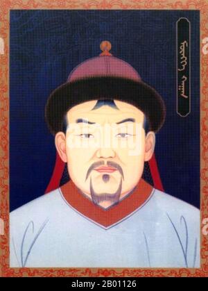 Mongolie : Mongke Khan (r.1251-1259), 4e Khagan de l'Empire mongol, 20e siècle. Mongke Khan (10 janvier 1209 – 11 août 1259), est le quatrième grand Khan de l'Empire mongol du 1er juillet 1251 au 11 août 1259. Il était le premier grand Khan de la ligne Toluid. Sous Mongke, les Mongols ont conquis l'Irak et la Syrie ainsi que le Royaume de Tai de Nanzhao. Il a fait des réformes importantes pour améliorer l'administration de l'Empire. Mongke Khan, fils aîné du fils cadet de Genghis Khan, Tolui, est né en 1208, année du dragon jaune. En 1251, année du porc blanc, il prend le trône. Banque D'Images