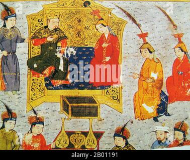 Mongolie: Tolui Khan (1192-1232) avec sa femme Sorghaghtani (c. 1198-1252). Illustration par Rashid al-DIN Hamadani (1237-1318), Jami al-tawarikh, début du XIVe siècle. Tolui, également rendu Toluy, Tului ou Tolui Khan (1192–1232) était le plus jeune fils de Gengis Khan par Borte. Son ulus, ou héritage territorial, à la mort de son père en 1227 était le pays natal en Mongolie, et c'est lui qui a servi comme administrateur civil au moment où il a fallu pour confirmer Ogodei comme deuxième Khagan de l'Empire mongol (1206-1368). Avant cela, il avait servi avec distinction dans les campagnes contre la dynastie Jin. Banque D'Images