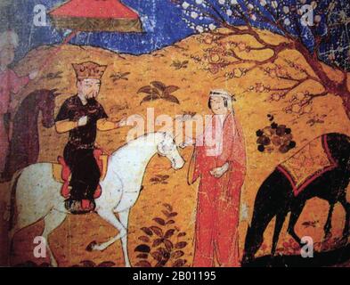 Iran/Mongolie: Ghazan Khan (r.1295-1304) à cheval conversant avec une femme qui peut ou non être sa femme Kokachin. Illustration par Rashid al-DIN Hamadani (1237-1318), début du XIVe siècle. Mahmud Ghazan (1271–1304) fut le septième dirigeant de la division Ilkhanate de l'Empire mongol dans l'Iran moderne de 1295 à 1304. Il était le fils d'Arghun et de Quthluq Khatun, poursuivant une ligne de dirigeants qui étaient des descendants directs de Gengis Khan. Considéré comme le plus éminent des Ilkhans, il est mieux connu pour avoir fait une conversion politique à l'Islam en 1295 quand il a pris le trône. Banque D'Images