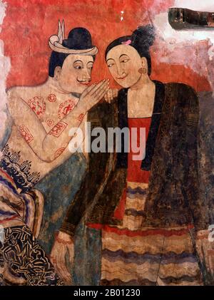 Thaïlande: Couple de chuchotement, peinture murale du XIXe siècle, Wat Phumin, Nan, Thaïlande du Nord. Wat Phumin a été construit en 1596 et est célèbre pour ses ubosoth cruciformes et ses peintures murales Tai lue bien conservées représentant la vie quotidienne au XIXe siècle. Nan date du milieu du 14ème siècle et pendant une grande partie de son histoire était un royaume isolé. La ville actuelle s'étend le long de la rive droite de la rivière Nan. Banque D'Images