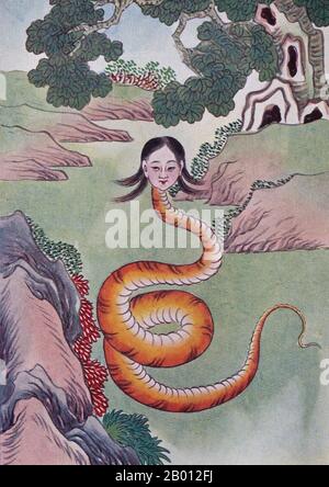 Chine : Nuwa (aussi nu Gua ou Nugua), déesse la plus connue pour la création de l'humanité et la réparation du mur du ciel. Peinture, c. 1922. Nuwa est une déité créatrice. On dit que Nuwa existait au début du monde. Elle se sentait seule car il n'y avait pas d'animaux et elle a donc commencé à créer des animaux et des humains. Le premier jour, elle a créé des poulets. Le deuxième jour, elle a créé des chiens. Le troisième jour, elle a créé des moutons. Le quatrième jour, elle a créé des porcs. Le cinquième jour, elle a créé des vaches. Le sixième jour, elle a créé des chevaux. Le septième jour, elle a commencé à créer des hommes à partir d'argile jaune. Banque D'Images
