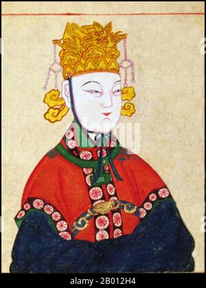 Chine : Wu Zetian (624-705), Impératrice Regnant de la dynastie Zhou (690-705). Gouache sur papier. Wu Zetian (624-705), nom personnel Wu Zhao, souvent appelé Tian Hou pendant la dynastie Tang et l'impératrice Consort Wu plus tard, était la seule femme de l'histoire de la Chine à assumer le titre d'impératrice Regnant. En tant que premier dirigeant de facto de la Chine par son mari et ses fils de 665 à 690, ce qui n'est pas sans précédent dans l'histoire chinoise, elle a alors brisé tous les précédents lorsqu'elle a fondé sa propre dynastie en 690, le Zhou (interrompant la dynastie Tang), et a gouverné personnellement. Banque D'Images