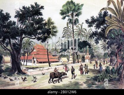 Laos : la pagode royale de Luang Prabang. Gravure de Louis Delaporte (1842-1925), 1867. Cette peinture de Louis Delaporte est l'une des douzaines qu'il a produites au cours de son aventure de deux ans (1866-68) avec la Commission d'exploration du Mékong parrainée par le ministère français de la Marine, dont l'intention était de jeter les bases de l'expansion des colonies françaises en Indochine. En voyageant sur le Mékong en bateau, la petite délégation française a voyagé de Saigon à Phnom Penh à Luang Prabang, puis plus au nord dans les eaux inexplorées du Haut-Laos et de la province chinoise du Yunnan, avant de retourner à Hanoi. Banque D'Images