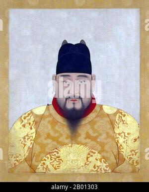 Chine : empereur Zhengtong/Tianshun (29 novembre 1427 - 23 février 1464), 6e et 8e dirigeant de la dynastie Ming (r. 1435-1449; 1457-1464). Peinture suspendue en rouleau, XVe-XVIIe siècle. Zhu Qizhen (1427-1464), nom de temple Yingzong, était un empereur de la dynastie Ming qui régnait comme l'empereur Zhengtong (r. 1435-1449) et comme l'empereur Tianshun (r. 1457-1464). Son premier nom d'ère signifie « bonne gouvernance » et le second signifie « obéissant au ciel ». Il a mené une campagne désastreuse en 1449 qui a vu un demi-million de soldats Ming tués et se sont capturés par les Mongols, avec son frère prenant la relève. Banque D'Images