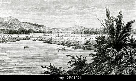 Thaïlande/Laos: Vue du fleuve Mun vers sa confluence avec le Mékong. Gravure de Louis Delaporte (1842-1925), 1867. Le Mékong est le 12e fleuve le plus long du monde. De sa source himalayenne sur le plateau tibétain, il coule environ 4,350 km (2,703 miles) à travers la province chinoise du Yunnan, la Birmanie, le Laos, la Thaïlande, le Cambodge et le Vietnam, Enfin drainer dans la mer de Chine du Sud. Dans ce dessin de 1867 de l'expéditionnaire français Louis Delaporte, la rivière Mun est estimée par l'artiste à 18 m de hauteur et 120 à 150 m de largeur. Banque D'Images