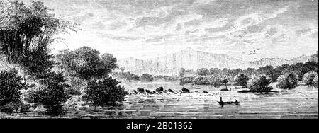Laos: Une vue sur Keng Sao et les montagnes près de Luang Prabang sur le Mékong. Gravure de Louis Delaporte (1842-1925), avril 1867. Le Mékong est le 12e fleuve le plus long du monde. De sa source himalayenne sur le plateau tibétain, il coule environ 4,350 km (2,703 miles) à travers la province chinoise du Yunnan, la Birmanie, le Laos, la Thaïlande, le Cambodge et le Vietnam, Enfin drainer dans la mer de Chine du Sud. Cette illustration est l'une des douzaines produites par Louis Delaporte au cours d'une aventure de deux ans (1866-68) avec la Commission d'exploration du Mékong, parrainée par le ministère français de la Marine. Banque D'Images