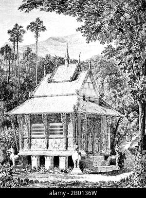 Laos: La bibliothèque adjacente à une pagode bouddhiste au Laos. Gravure de Louis Delaporte (1842-1925), 1867. Cette illustration de Louis Delaporte est l'une des douzaines qu'il a produites au cours de son aventure de deux ans (1866-68) avec la Commission d'exploration du Mékong parrainée par le ministère français de la Marine, dont l'intention était de jeter les bases de l'expansion des colonies françaises en Indochine. En voyageant sur le Mékong en bateau, la petite délégation française a voyagé de Saigon à Phnom Penh à Luang Prabang, puis plus au nord dans les eaux inexplorées du Haut-Laos et de la province chinoise du Yunnan. Banque D'Images