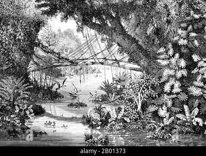 Laos/Thaïlande: Une scène de forêt tropicale du Mékong avec pont de bambou au-dessus d'un ruisseau à Chiang Khong. Gravure de Louis Delaporte (1842-1925), juin 1867. Le Mékong est le 12e fleuve le plus long du monde. De sa source himalayenne sur le plateau tibétain, il coule environ 4,350 km (2,703 miles) à travers la province chinoise du Yunnan, la Birmanie, le Laos, la Thaïlande, le Cambodge et le Vietnam, Enfin drainer dans la mer de Chine du Sud. Cette illustration est l'une des douzaines produites par Louis Delaporte au cours d'une aventure de deux ans (1866-68) avec la Commission d'exploration du Mékong, parrainée par le ministère français de la Marine. Banque D'Images