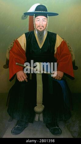 Corée : Yi Sun-Sin (28 avril 1545 – 16 décembre 1598), a célébré le commandant de la marine coréenne et victor au-dessus du Japon pendant les guerres d'Imjin (1592-1598). Peinture à l'huile sur toile, c. 19e siècle. Yi Sun-Sin (1545-1598) était un commandant de la marine coréenne noté pour ses victoires contre la marine japonaise pendant la guerre d'Imjin dans la dynastie Joseon. Yi est également connu pour son utilisation novatrice du 'bateau de tortue'. Il est réputé pour être l'un des rares admirals à avoir été victorieux dans chaque bataille navale dans laquelle il a commandé. Yi a été tué par une seule balle lors de la bataille de Noryang le 16 décembre 1598. Banque D'Images