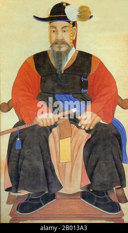 Corée : Yi Sun-Sin (28 avril 1545 – 16 décembre 1598), a célébré le commandant de la marine coréenne et victor au-dessus du Japon pendant les guerres d'Imjin (1592-1598). Peinture à volute suspendue, fin du XVIe siècle. Yi Sun-Sin (1545-1598) était un commandant de la marine coréenne noté pour ses victoires contre la marine japonaise pendant la guerre d'Imjin dans la dynastie Joseon. Yi est également connu pour son utilisation novatrice du 'bateau de tortue'. Il est réputé pour être l'un des rares admirals à avoir été victorieux dans chaque bataille navale dans laquelle il a commandé. Yi a été tué par une seule balle lors de la bataille de Noryang le 16 décembre 1598. Banque D'Images