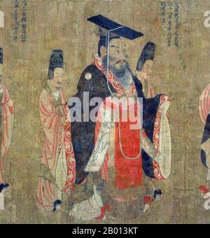 Chine : empereur Wu du nord de Zhou (543–578). Tableau de Handscroll du 'treize Emperors Scroll' par le peintre de cour de la dynastie Tang Yan Liben (600-673), VIIe siècle. L'empereur Wu du nord du Zhou, nom personnel Yuwen Yong et surnom Miluotu, était un empereur de la dynastie du nord du Zhou. Comme c'était le cas des règnes de ses frères l'empereur Xiaomin et l'empereur Ming, la première partie de son règne a été dominée par son cousin Yuwen Hu, mais en 572 il a pris Yuwen Hu et s'est emparée personnellement du pouvoir. Il a ensuite dirigé avec compétence et a construit la puissance de son armée, annexant son rival Northern Qi en 577. Banque D'Images