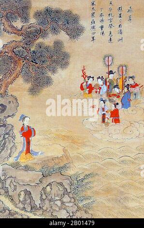 Chine : Mazu (Matsu) ou Tin Hau, la Déesse de la mer et Saint patron des gens de mer. Peinture de défilement suspendue, c. 18e-19e siècle. Mazu (Wade–Giles: Matsu, Vietnamien: Ma to) est la déesse indigène de la mer qui est dit pour protéger les pêcheurs et les marins, et est invoqué comme le saint patron de tous les Chinois du Sud et de l'Asie de l'est. Né sous le nom de Lin Moniang, une shamaness, à Fujian vers 960 EC, le culte de Mazu a commencé autour de la dynastie Ming, quand de nombreux temples dédiés à elle ont été érigés dans toute la Chine continentale, puis s'est propagé à d'autres pays avec des populations chinoises outre-mer. Banque D'Images