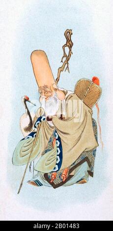 Japon: Fukurokuju, le Dieu du bonheur, de la richesse et de la longévité. Peinture, 1902. Fukurokuju (de fuku japonais, « bonheur »; roku, « richesse »; et ju, « longévité ») est l'un des sept dieux lucky dans le mythe japonais. Il a été suggéré qu'il est un composite des trois dieux d'étoiles chinois (Fu, lu et Shou) incarnés dans une seule divinité. Plus proche de Shou, il est le Dieu de la sagesse et de la longévité. Avant d'atteindre la divinité, on croyait qu'il était un ermite chinois de la dynastie Song et une réincarnation du dieu taoïste Xuanwu. Il était un sennin, un immortel qui pouvait exister sans manger de la nourriture. Banque D'Images
