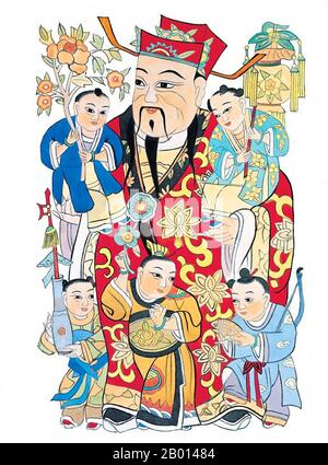 Chine: CAI Shen (Wade–Giles: Tsai Shen; cantonais: Choy Sun, Hakka: Choy Sin) est le Dieu chinois de la richesse ou de la prospérité. Peinture, 20e siècle. CAI Shen peut également être appelé Zhao Gongming (Chao Kung-ming) ou Bi Gan (Pi-kan). Bien que Cai Shen ait commencé comme un héros populaire chinois, plus tard déifié et vénéré par les disciples et les admirateurs locaux, le taoïsme et le bouddhisme Pure Land sont également venus à vénérer lui comme un dieu. Le nom de CAI Shen est souvent invoqué lors des célébrations du nouvel an chinois. Il est souvent représenté à cheval sur un tigre noir et tenant une tige dorée. Banque D'Images