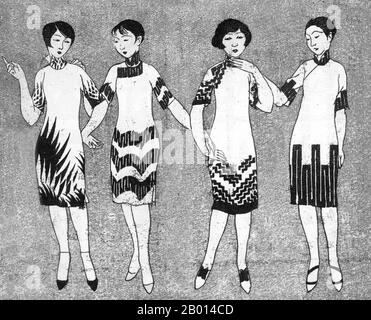 Chine: Chine: Une image de 'Shanghai Manhua' intitulée 'Fummer Fashions'. Par Ye Qianyu, 26 mai 1928. L'image 'Shanghai Manhua' (Shanghai Sketch), publiée entre le 21 avril 1928 et le 7 juin 1930, était un mélange de dessins, de photographies et d'images allant de la publicité à la critique sociale et de caricatures politiques. Shanghai Manhua était un débouché pour les dessinateurs professionnels et les maîtres de croquis, généralement d'une nature avant-gardiste ou progressive. Banque D'Images