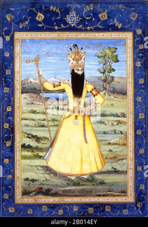 Iran : Portrait de Fath Ali Shah Qentra (5 septembre 1772 – 23 octobre). Peinture par Ahmad (fl. Début XIXe siècle), c. 1811. Fath-Ali Shah Qajar (Fathalishah, Fathali Shah, Fath Ali Shah) était le deuxième Shah Qajar (roi) d'Iran. Il a régné du 17 juin 1797 au 23 octobre 1834, au cours duquel l'Iran a définitivement perdu ses territoires du nord du Caucase (Arménie moderne, Azerbaïdjan, Daghestan et Géorgie) dans l'Empire russe après les guerres russo-perses de 1804-1813 et de 1826-1828. À la fin de son règne, l'Iran était sur le point de s'effondrer en raison de graves problèmes économiques. Banque D'Images