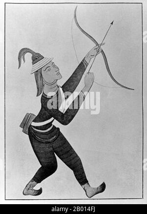 Birmanie/Myanmar: Murale d'un archer musulman dans l'armée mongole, Temple de Kyanzittha, Bagan, haute-Birmanie, XIIIe siècle. Après la conquête de la Chine, Kublai Khan, fondateur de la dynastie Yuan et cinquième Khagan (Grand Khan) de l'Empire mongol, envahit le Royaume païen de Birmanie en 1277, 1283 et 1287. Bagan, anciennement Pagan, a été principalement construit entre le XIe siècle et le XIIIe siècle. Officiellement intitulé Arimadanapura ou Arimadana (la ville de l'ennemi Crusher) et également connu sous le nom de Tambadipa (la terre du cuivre) ou Tassadessa (la terre parchée), il a été la capitale de plusieurs anciens royaumes de Bur Banque D'Images