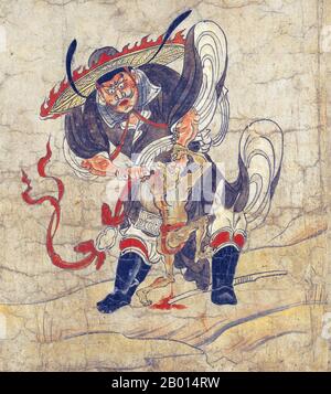 Japon: 'Hoki (Zhong Kui) (extermination de Evil)'. Peinture Handscroll, XIIe siècle. Cette œuvre faisait partie d'un ensemble de cinq rouleaux suspendus, intitulé « extermination du mal », représentant des divinités bienveillantes qui expulsent des démons de la peste. Ce défilement faisait à l'origine partie d'un défilement manuel connu sous le nom de « deuxième édition de la famille Masuda Enfer Scroll », qui a été découpé en sections après la Seconde Guerre mondiale Le texte sur le défilement explique les actes de dieu en exterminant le mal. Shoki (Zhong Kui) est une déité chinoise légendaire qui a protégé l'empereur Xuanzong de Tang des démons maléfiques. Banque D'Images