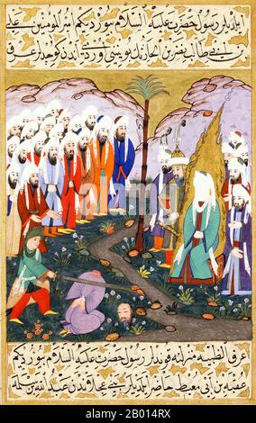 Turquie: 'Ali Beheading Nadr ibn al-Harith en présence du prophète Mahomet'. Peinture miniature de 'siyar-i-Nabi' de Mustafa al-Darir, c. 1594. NadR ibn al-Harith avait maintes fois moqué le prophète Mahomet et le Coran. La miniature provient d'une édition en six volumes de la vie du Prophète commandée par le Sultan Murad III et réalisée dans le studio du tribunal d'Istanbul. Le prophète Mahomet est représenté voilé pour montrer le respect, comme l'était la coutume générale de l'époque. Banque D'Images