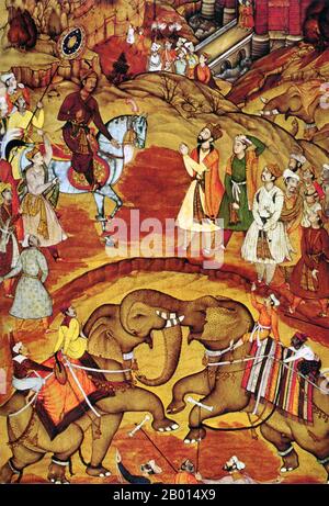 Inde: L'empereur Akbar reçoit la nouvelle que son deuxième fils est né en regardant un combat d'éléphant, 1570. Jalaluddin Muhammad Akbar (15 octobre 1542 - 13 octobre 1605), également connu sous le nom de Shahanshah Akbar-e-Azam ou Akbar le Grand, était le troisième empereur moghol. Il était d'origine timuride : le fils d'Humayun, et le petit-fils de Babur, le dirigeant qui fonda la dynastie des Mughal en Inde. À la fin de son règne en 1605, l'empire moghol couvrait la majeure partie du nord et du centre de l'Inde et était l'un des empires les plus puissants de son époque. Banque D'Images