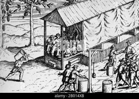 Indonésie : les marchands hollandais font du commerce de muscade dans les Moluques, connus des Européens des XVIe et XVIIe siècles comme les îles aux épices. Gravure de Johann Theodor de Bry (1561-1623), fin du XVIe siècle. La Dutch East India Company, ou VOC, était une société à charte établie en 1602, lorsque les États généraux des pays-Bas lui ont accordé un monopole de 21 ans pour mener des activités coloniales en Asie. C'était la première multinationale au monde et la première société à émettre des actions. Il s'agissait également sans doute de la première mégaporation au monde, possédant des pouvoirs quasi-gouvernementaux. Banque D'Images
