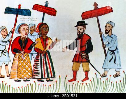 Inde/Portugal : un marchand portugais est accueilli par son ménage indien. Illustration du Codex Casanatense 1889, c. 1540. Sous le roi Manuel I, les Portugais ont mis en place un gouvernement en Inde en 1505, six ans après la découverte d'une route maritime vers Calicut dans le sud-ouest de l'Inde par Vasco da Gama. À l'origine, les Portugais ont basé leur administration à Kochi, ou Cochin, au Kerala, mais en 1510 ont déménagé à Goa. Jusqu’en 1752, le «État de l’Inde» incluait tous les biens portugais de l’océan Indien, de l’Afrique australe à l’Asie du Sud-est, gouvernés par un vice-roi ou un gouverneur. Banque D'Images