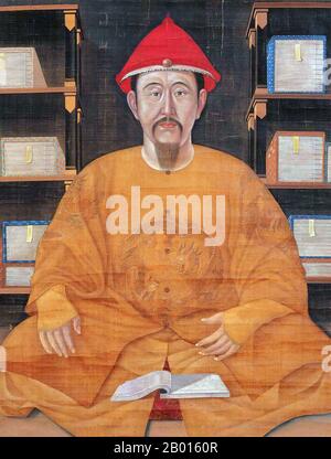 Chine : Kangxi (4 mai 1654 – 20 décembre 1722), 4ème empereur de la dynastie Qing. Peinture de défilement suspendue, c. 1699. L'empereur Kangxi, nom personnel Xuanye et nom de temple Shengzu, était le quatrième souverain de la dynastie Qing et le deuxième empereur Qing à régner sur la Chine proprement dite, de 1661 à 1722. Le règne de Kangxi de 61 ans en fait l'empereur chinois le plus longtemps régnant de l'histoire (bien que son petit-fils, l'empereur Qianlong, ait eu la plus longue période de pouvoir de facto) et l'un des plus anciens dirigeants régnants du monde. Il était considéré comme l'un des plus grands empereurs de la Chine. Banque D'Images