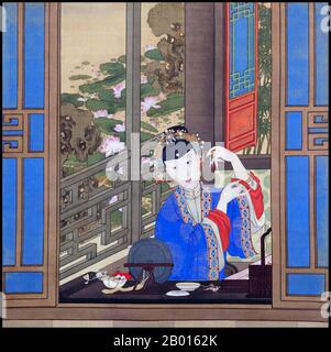 Chine: 'La concubine impériale' (probablement la Dame de Fuca) de l'empereur Qianlong. Peinture de défilement suspendue, c. 1750. L'empereur Qianlong (25 septembre 1711 - 7 février 1799), né Hongli et temple du nom de Gaozong, était le cinquième empereur de la dynastie Qing. Quatrième fils de l'empereur Yongzheng, il régna officiellement de 1735 à 1796, avant de s'abdiquer en faveur de son fils, l'empereur Jiaqing - un acte filial pour ne pas gouverner plus longtemps que son grand-père, l'empereur Kangxi. Malgré sa retraite, il a conservé le pouvoir ultime jusqu'à sa mort. Banque D'Images