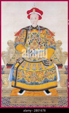 Chine : empereur Tongzhi (27 avril 1856 – 12 janvier 1875), neuvième empereur Qing (r. 1861-1875). Peinture de défilement suspendue, c. 1861-1875. L'empereur Tongzhi, nom personnel Zaichun et nom de temple Muzong, était le neuvième empereur de la dynastie Qing. Son règne, qui a effectivement duré tout au long de son adolescence, a été largement éclipsé par la régence de sa mère, l'impératrice Dowager Cixi. Il n'a pas eu d'influence sur les affaires judiciaires, bien que l'époque de son règne ait donné lieu à ce que les historiens appellent la « Restauration de Tongzhi », une tentative infructueuse de stabilisation et de modernisation de la Chine. Banque D'Images