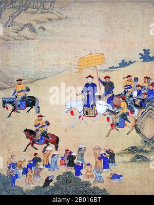 Chine : empereur Kangxi (4 mai 1654 – 20 décembre 1722) 4e dirigeant de la dynastie Qing, en tournée dans son royaume.Peinture Handscroll, XVIIIe siècle.L'empereur Kangxi, nom personnel Xuanye et nom de temple Shengzu, était le quatrième souverain de la dynastie Qing et le deuxième empereur Qing à régner sur la Chine proprement dite, de 1661 à 1722.Le règne de Kangxi de 61 ans en fait l'empereur chinois le plus longtemps régnant de l'histoire (bien que son petit-fils, l'empereur Qianlong, ait eu la plus longue période de pouvoir de facto) et l'un des plus anciens dirigeants régnants du monde.Il est considéré comme l'un des plus grands empereurs de la Chine. Banque D'Images