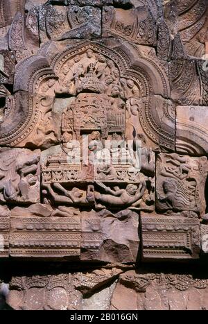 Thaïlande: Pediment, Prasat Hin Phanom Rung (château de pierre de Phanom Rung), province de Buriram.Prasat Hin Phanom Rung (château de pierre de Phanom Rung) est un complexe de temples Khmers situé sur le bord d'un volcan éteint à 1,320 pieds au-dessus du niveau de la mer, dans la province de Buriram dans la région d'Isaan en Thaïlande.Il a été construit en grès et en laterite aux 10ème à 13ème siècles.C'était un sanctuaire hindou dédié à Shiva, et symbolise le Mont Kailash, sa demeure céleste. Banque D'Images