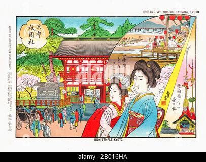 Japon: 'Two Geiko au temple de Gion de Kyoto; Inset 'Cooling à Shijyo-Kawara, Kyoto''.Imprimé bois Ukiyo-e, 1903.Le Temple de Gion (Temple de Gion) est maintenant connu sous le nom de Yasaka Jinja.Gion est un quartier de Kyoto, au Japon, initialement développé au Moyen-âge, en face du sanctuaire de Yasaka.Le quartier a été construit pour répondre aux besoins des voyageurs et des visiteurs du sanctuaire.Il a finalement évolué pour devenir l'un des quartiers de geisha les plus exclusifs et les plus connus de tout le Japon.La geisha dans le district de Gion ne se réfère pas à eux-mêmes comme geisha; au lieu de cela, la geisha de Gion utilise le terme local geiko. Banque D'Images