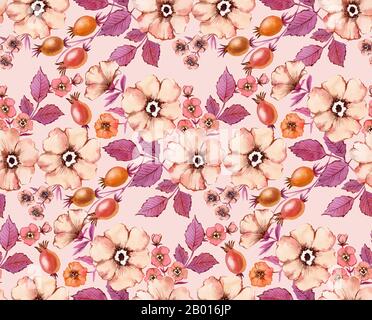 Motif aquarelle transparent. Fond floral d'automne. Fleurs vintage à Marsala et Maroon Blush couleurs du vin. Fruits roses de la hanche, briar, feuilles Banque D'Images