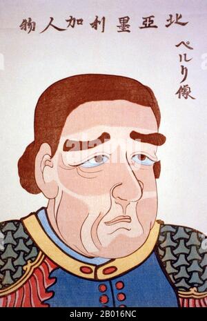 Etats-Unis/Japon: Commodore Matthew Calbraith Perry (10 avril 1794 - 4 mars 1858).Imprimé bois Ukiyo-e, c.1854. Matthew Calbraith Perry était un commodore de la marine américaine qui a contraint l'ouverture du Japon à l'Ouest avec la convention de Kanagawa en 1854, quand il a menacé de bombarder Edo (Tokyo) avec ses navires s'ils résistent.Perry avait commandé des navires pendant plusieurs guerres, dont la guerre de 1812 et la guerre Mexico-américaine (1846-1848).Son plaidoyer pour la modernisation de la Marine américaine l'a conduit à être appelé "le Père de la Marine à vapeur". Banque D'Images