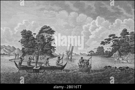 Papouasie-Nouvelle-Guinée : bateaux et peuple des îles de l'Amirauté.Gravure de l'Atlas du Voyage de la Pérouse par Jean Piron (1767-1797) et Jacques-Louis Copia (1764-1799), 1792.Jean-François de Galaup, Comte de la Pérouse (1741-1788) est un explorateur et officier naval français.En 1785, le roi de France a chargé la Perouse de diriger une expédition pour explorer l'océan Pacifique, pour enquêter sur les perspectives de la chasse à la baleine et de la fourrure, et pour établir des revendications françaises dans cette région.La Pérouse avait admiré l'explorateur James Cook et voulait poursuivre son travail. Banque D'Images