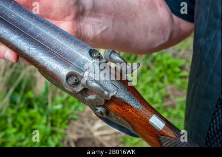 Un fusil de chasse à percussion à double canon 11 trous de Birmingham, Angleterre, fabricant britannique d'armes Westley Richards, fabriqué en 1841 comme pistolet de leur agent de Londres, William Bishop Banque D'Images