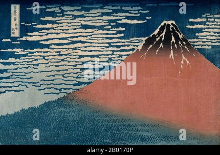 Japon: ‘South Wind, Clear Dawn’.Impression de blocs de bois Ukiyo-e de la série 'trente-six vues du Mont Fuji' par Katsushika Hokusai (31 octobre 1760 - 10 mai 1849), c.1830. Le Mont Fuji est la plus haute montagne du Japon à 3,776.24 m (12,389 pi).Stratovolcan actif qui a éclaté pour la dernière fois en 1707–08, le Mont Fuji se trouve à environ 100 km au sud-ouest de Tokyo.Le cône exceptionnellement symétrique du Mont Fuji est un symbole et une icône bien connus du Japon et est fréquemment représenté dans l'art et les photographies.C'est l'une des « trois montagnes saintes » du Japon avec le mont Tate et le mont Haku. Banque D'Images