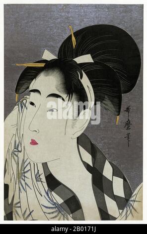 Japon : « Woman Wiping Sweat ».Empreinte de bois Ukiyo-e par Kitagawa Utamaro (c.1753 - 31 octobre 1806), 1798.Kitagawa Utamaro était un graveur et peintre japonais, considéré comme l'un des plus grands artistes de gravures sur bois (ukiyo-e).Il est surtout connu pour ses études composées de femmes, connues sous le nom de bijinga.Il a également produit des études sur la nature, notamment des livres illustrés d'insectes. Banque D'Images