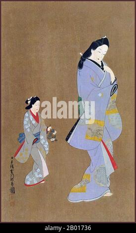 Japon: "Une belle femme avec sa Maid".Toile de défilement suspendue par Hishikawa Morofusa (active c.1685-1715), chap1700. Yamato-e est un style de peinture japonaise inspiré par les peintures de la dynastie Tang et développé à la fin de la période Heian.Il est considéré comme le style japonais classique.Depuis la période Muromachi (XVe siècle), le terme Yamato-e a été utilisé pour distinguer les œuvres des peintures de style chinois contemporain (kara-e), inspirées par les peintures du bouddhisme zen de la dynastie Song et Yuan. Banque D'Images